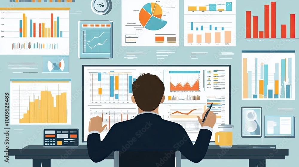 Poster businessman analyzing data and charts on a computer screen