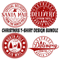 Christmas T- Shirt Design bundle  Santa, design, holiday, north pole, delivery, greeting, grunge, merry, postmark, vector, season, badge, north