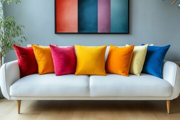 Scandinavian interior design of modern living room with accent red armchair and frame on wall, Generative AI
