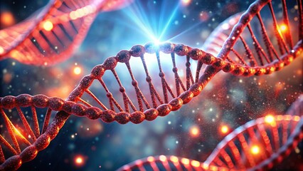 A detailed 3D representation of a DNA strand with glowing light effects, symbolizing genetics and molecular science in a futuristic and digital environment. Perfect for biotechnology