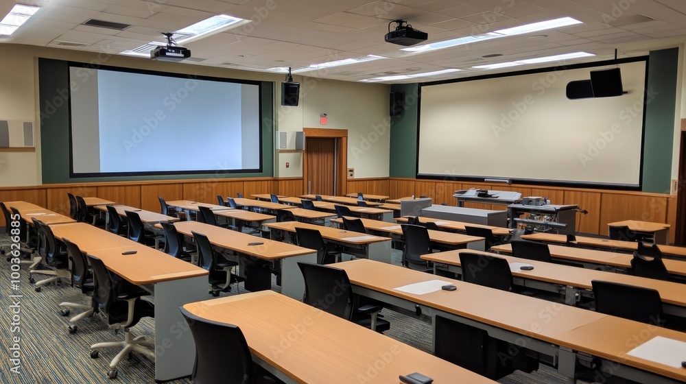 Poster college classroom with rows of desks and a large projection screen, leaving copy space