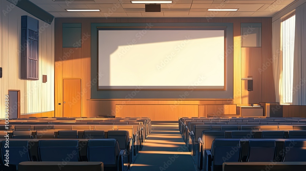 Poster college lecture hall with rows of empty seats and a large projection screen, leaving space for text.