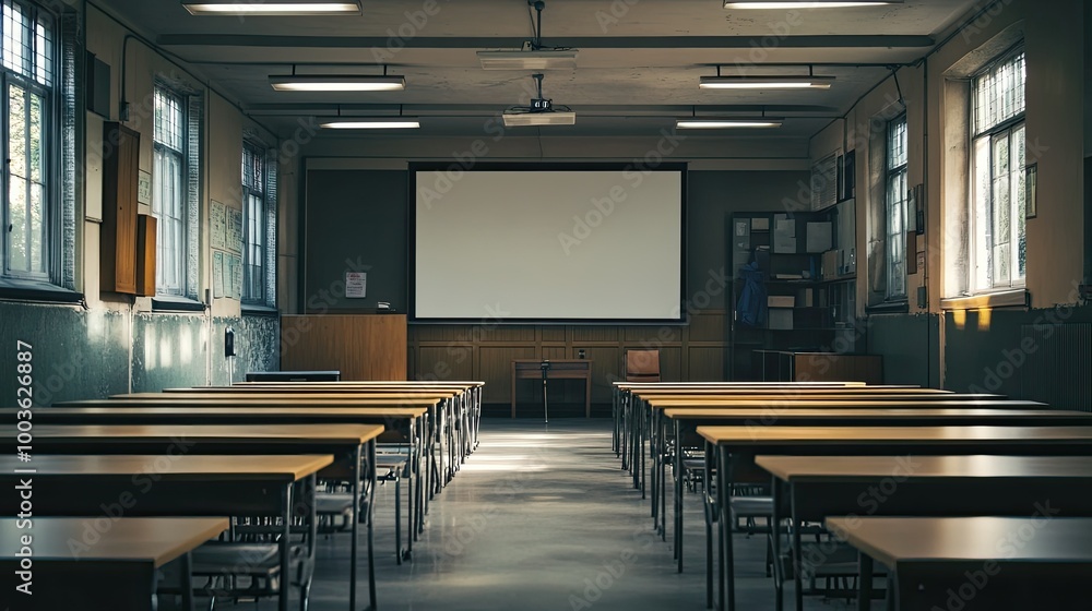 Aufkleber college classroom with rows of desks and a large projection screen, leaving copy space