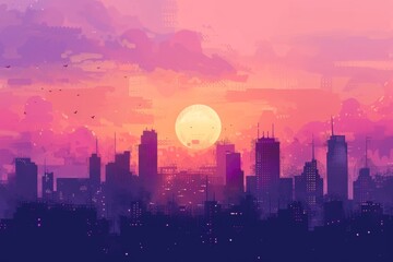 A city skyline with a large yellow sun in the sky. The sky is a mix of purple and pink