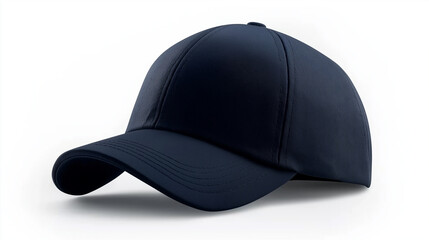 Fototapeta premium A simple yet sleek navy blue baseball cap with a curved brim, positioned on a white isolated background, representing timeless and casual style.