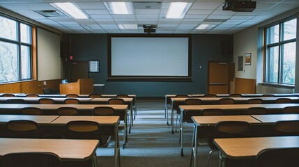 Fototapeta premium College classroom with rows of desks and a large projection screen, leaving copy space