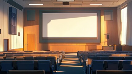 College lecture hall with rows of empty seats and a large projection screen, leaving space for text.