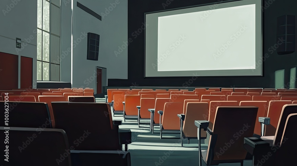 Poster College lecture hall with rows of empty seats and a large projection screen, leaving space for text.