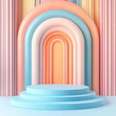 Fototapeta premium Abstract Pastel Rainbow Arch Background with Blue Platform.