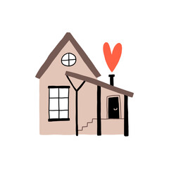 Cute Hand-Drawn House with Heart Illustration