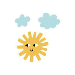 Cute Cartoon Sun with Clouds on White Background