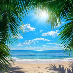 Sunny beach backdrop with palm leaves and serene