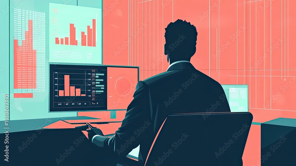Poster businessman analyzing data on computer monitors in an office