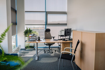 A modern office with large windows, an ergonomic chair, desk, computer setup, cabinets, and plants, creating a productive work environment..