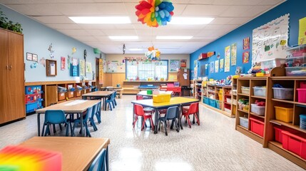 Elementary school classroom with cubbies and colorful decorations, leaving ample copy space