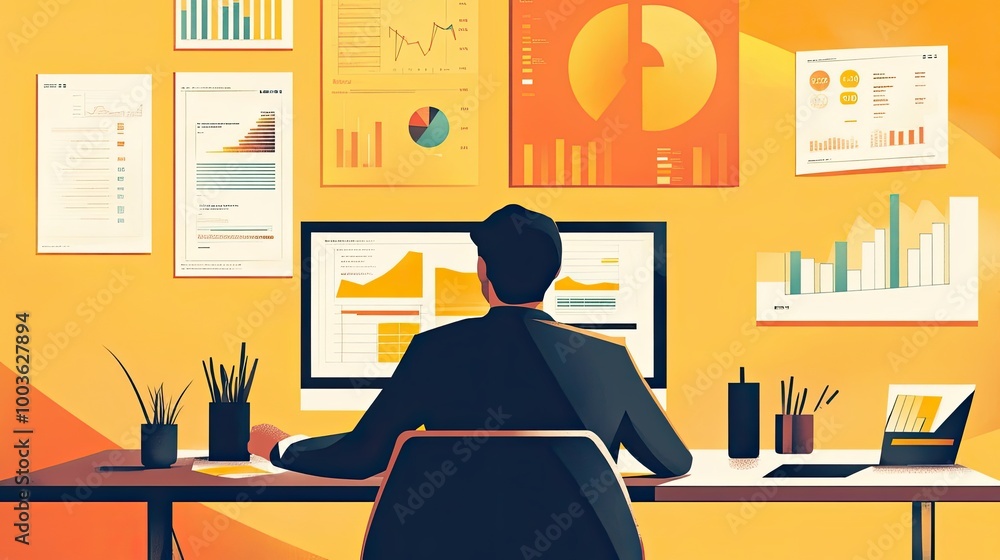 Poster a person analyzing data charts and graphs on a computer screen in a modern office setting