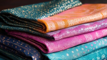 Hand-dyed Indian textile with bright patterns, folded neatly, with space for copy.