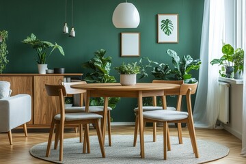 Fototapeta premium Mint color chairs at round wooden dining table in room with sofa and cabinet near green wall. Scandinavian, mid-century home interior design of modern, Generative AI