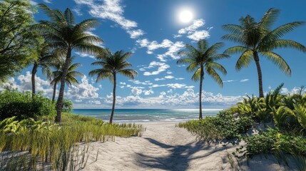 A beach route with palm trees swaying in the breeze, leading to a sparkling ocean and inviting sandy shores.