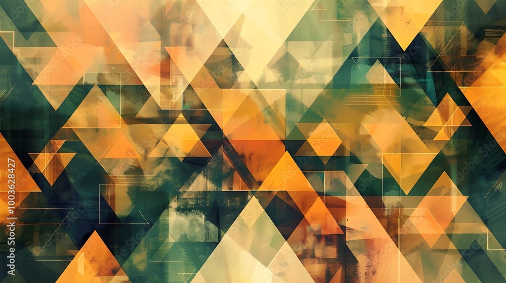 Aufkleber modern abstract pattern with a variety of overlapping geometric shapes in orange and green tones.