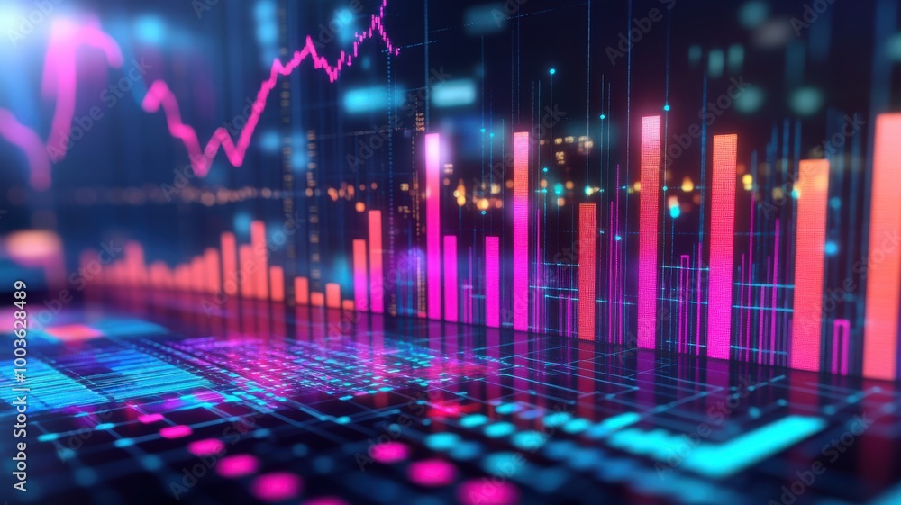 Poster colorful digital data visualization with charts and graphs, modern technology concept.