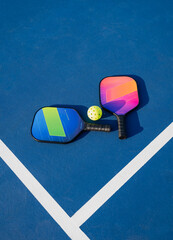 Two pickleball paddles and ball on blue outdoor court on sunny day. © Cavan