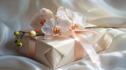 A beautiful gift wrapped with orchid flowers, creating a unique and thoughtful presentation for special occasions.
