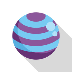 Purple fitness ball with blue stripes is laying on a white background, casting a long shadow