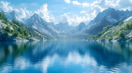 Fototapeta premium Mountain Lake with Blue Sky and White Clouds - 3D Illustration