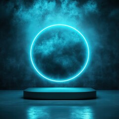 Glowing Neon Circle with Platform in Smoky Atmosphere.