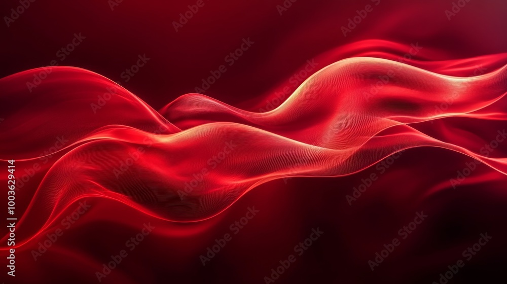 Poster vibrant red waves and curves with a smooth transition to a dark red background, creating a sense of 