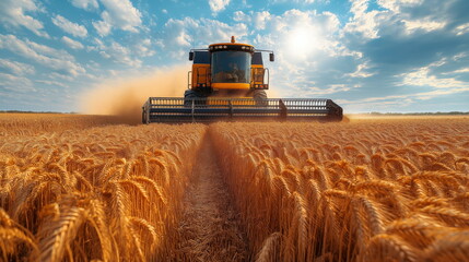 Fototapeta premium Large Yellow Harvester Working in a Golden Wheat Field Under a Clear Sky, Modern Agricultural Technology at Work in Full Harvest Season