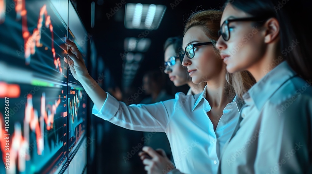 Poster businesswomen are analyzing data on a large screen in an office setting, focusing on charts and grap