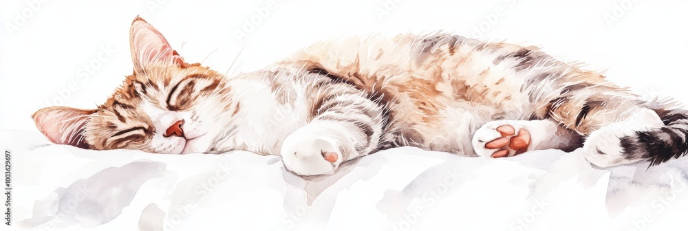 Aufkleber a cozy cat peacefully sleeps on a soft bedspread with a serene white background during the afternoon