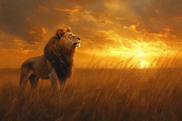 Majestic lion standing in tall grass at sunset
