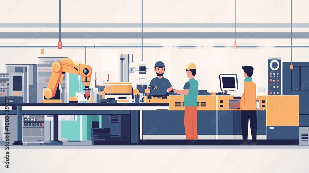 Poster workers collaborating in a modern factory setting with robotics and advanced machinery during a busy