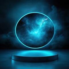 Futuristic Blue Neon Circle with Galaxy Background and Pedestal.