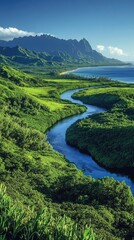 Breathtaking view of a river flowing to the ocean through lush vegetation and mountains