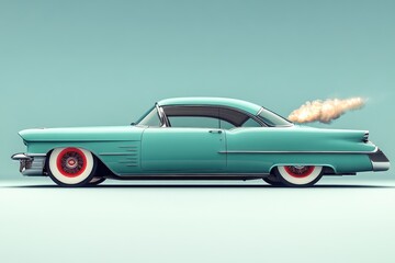 Turquoise classic car parked on salt flats with blue sky