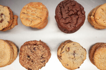 Overhead view of stacks of various types of cookies