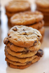Close up on stack of chocolate chip cookies