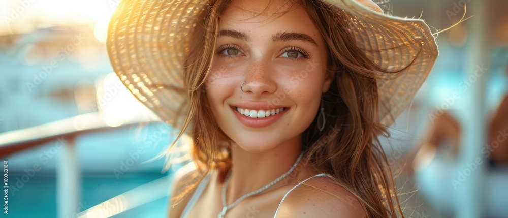 Sticker A beautiful young woman wearing a straw hat smiles happily. AI.