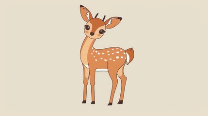 Obraz premium Charming cartoon deer illustration with big eyes and spots on a beige background, perfect for children's decor and nature-themed designs.