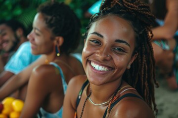 Fototapeta premium Portrait of a smiling young woman with long braided hair. AI.