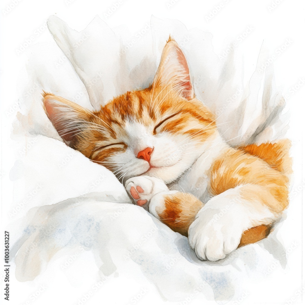Poster a peaceful orange and white cat sleeping soundly on a soft bedspread in a serene indoor setting duri