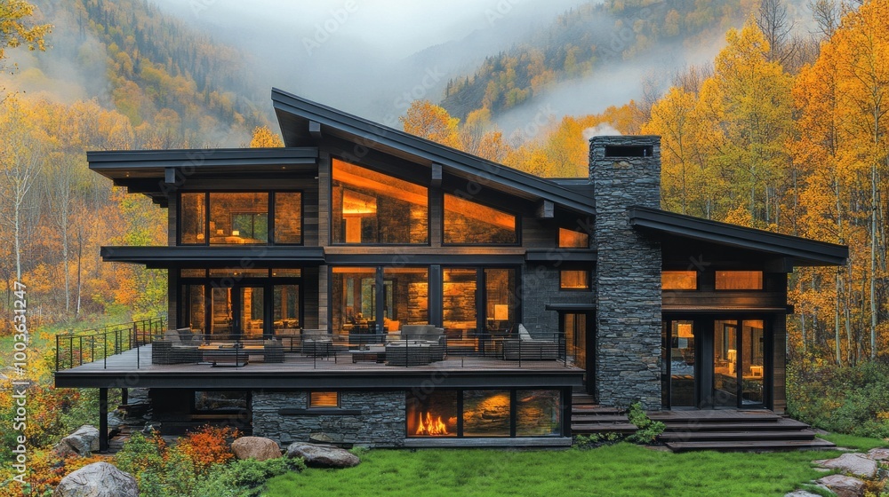 Poster a large house with a fireplace and a view of the mountains