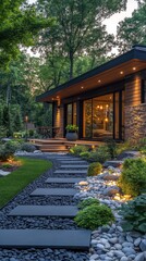 Fototapeta premium A house with a large yard and a black stone walkway leading to it