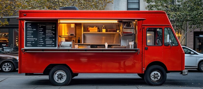 Red food truck with its window open, showing the inside with shelves and a menu board.
