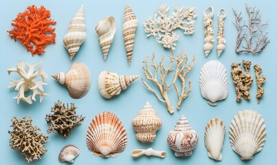 Obraz premium An assortment of sea shells and coral pieces arranged in a flat lay, Generative AI