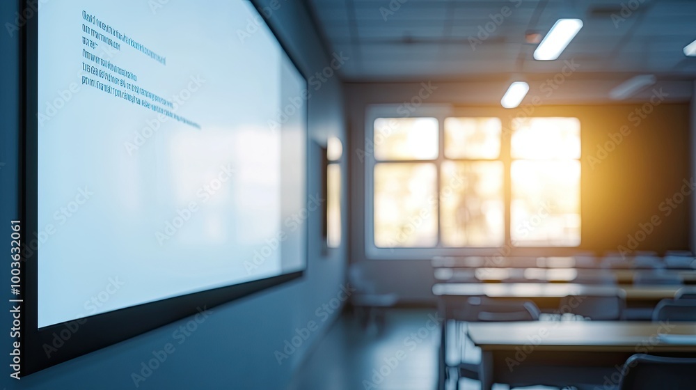 Poster modern classroom with large, interactive smartboards, leaving ample space for text in the background